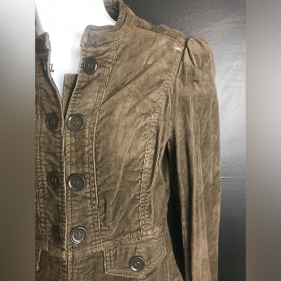 Anthro CIDRA Corduroy Military Jacket Coat Blazer Brown Ruffle Puff Shoulder - Picture 3 of 11